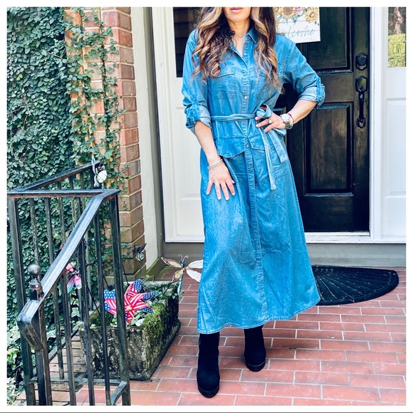 Paris fashion chic jean belted shirt Maxi dress - Picture 7 of 11